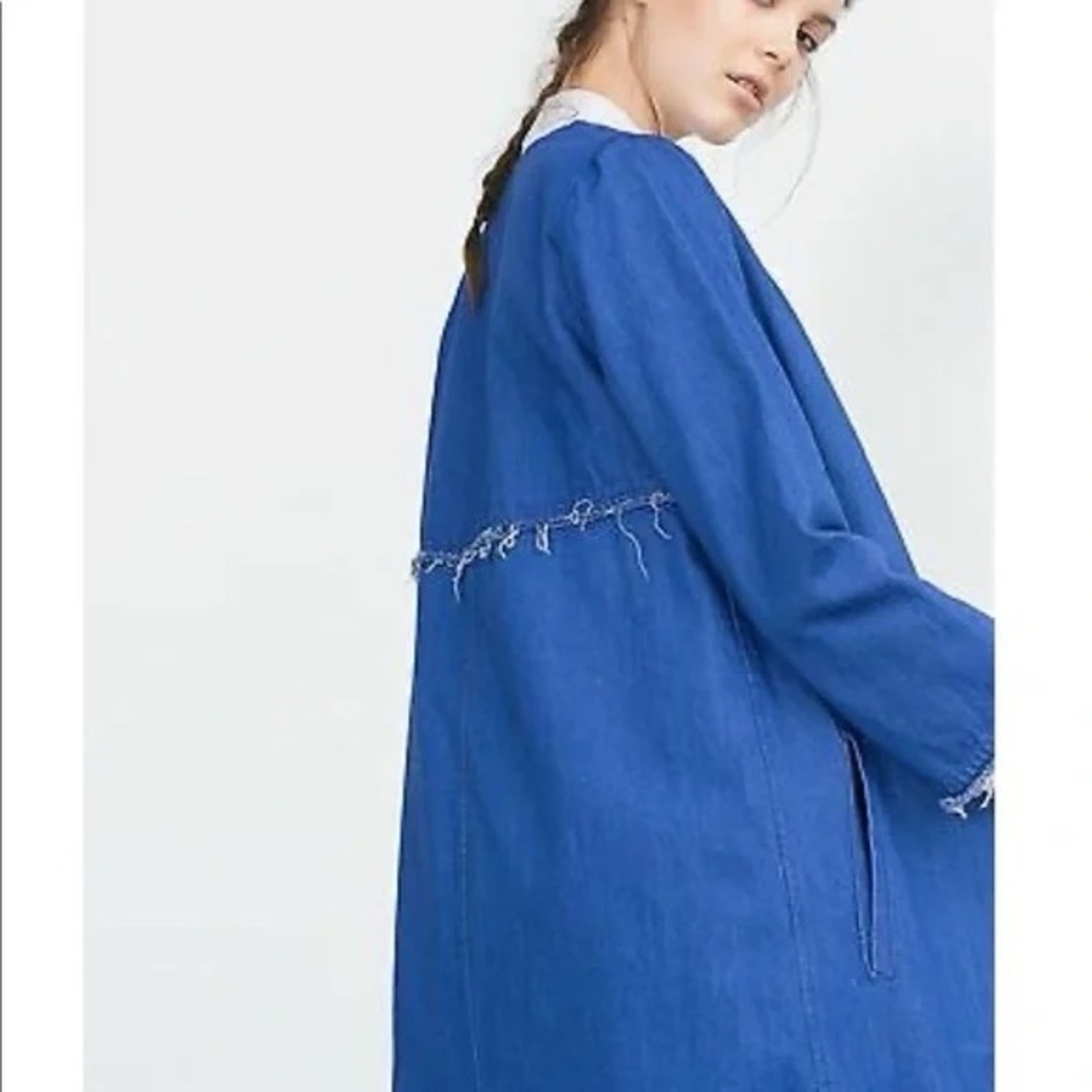 ZARA Blue Jean Jacket longline collarless denim duster small - Picture 10 of 13